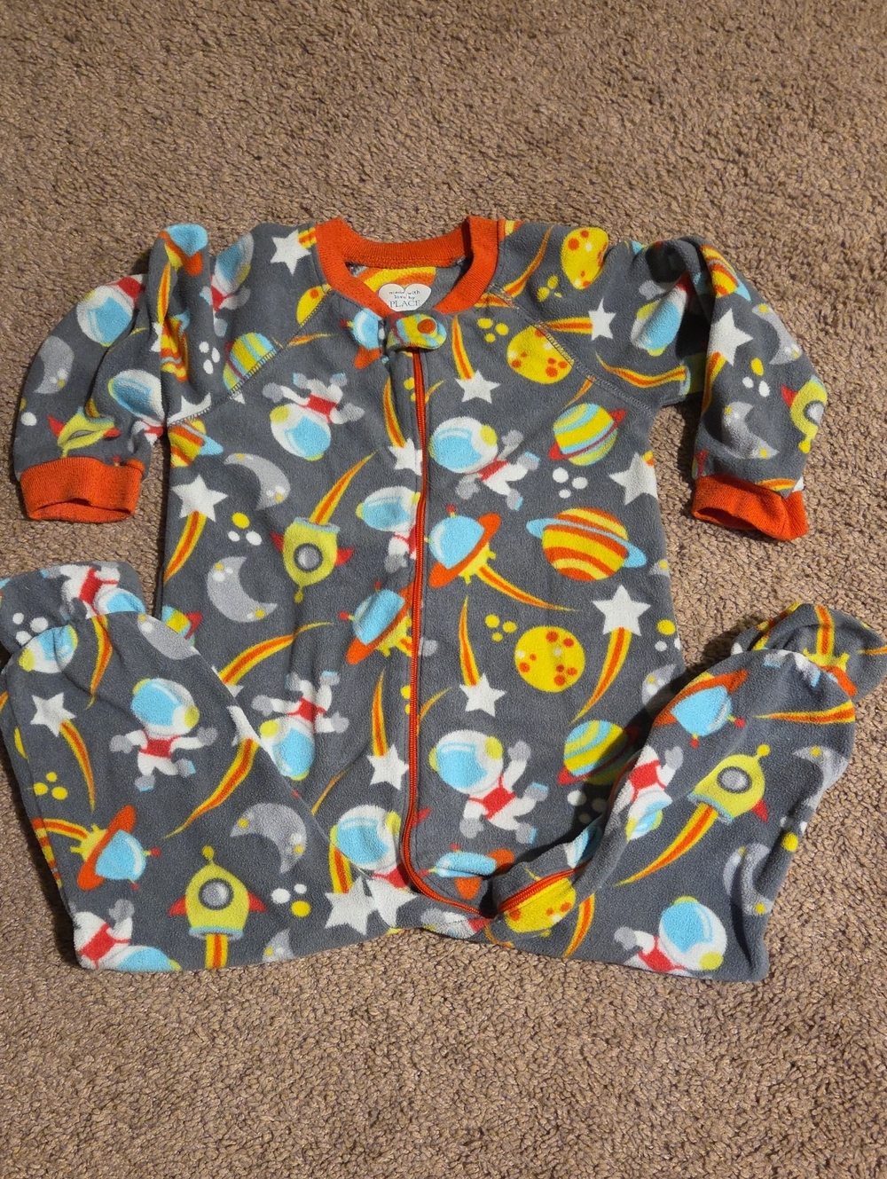 Kids Grey Space-Print One-Piece Pajamas with Orange Trim